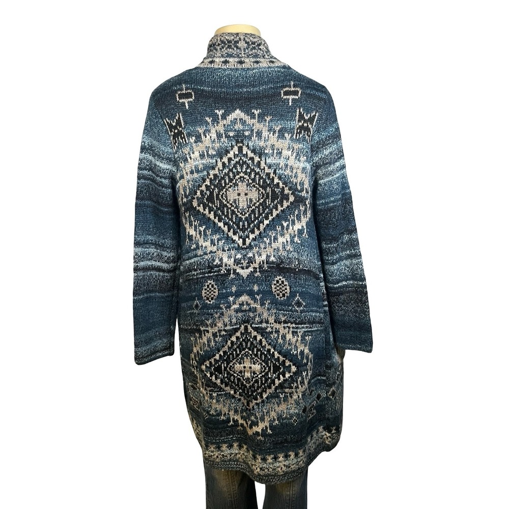 J. Jill Womens XS Southwest Fair Isle Long Cardigan Sweater Blue Wool Blend Knit